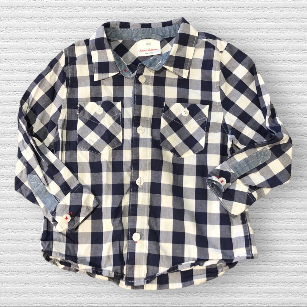 Hanna Andersson Blue White Plaid Checkered Button Down Dress Shirt